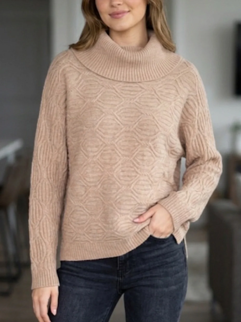 Cyrus Neutral Textured Knit Chunky Ribbed Collar Sweater Size M